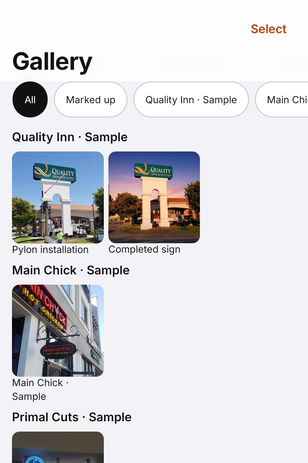 Actual FieldJot gallery populated with permitted Quality Inn, Main Chick and Primal Cuts project photographs in sample reports.