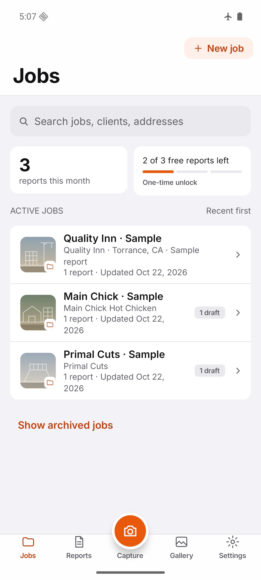Actual FieldJot job folders with Quality Inn, Main Chick and Primal Cuts sample reports.