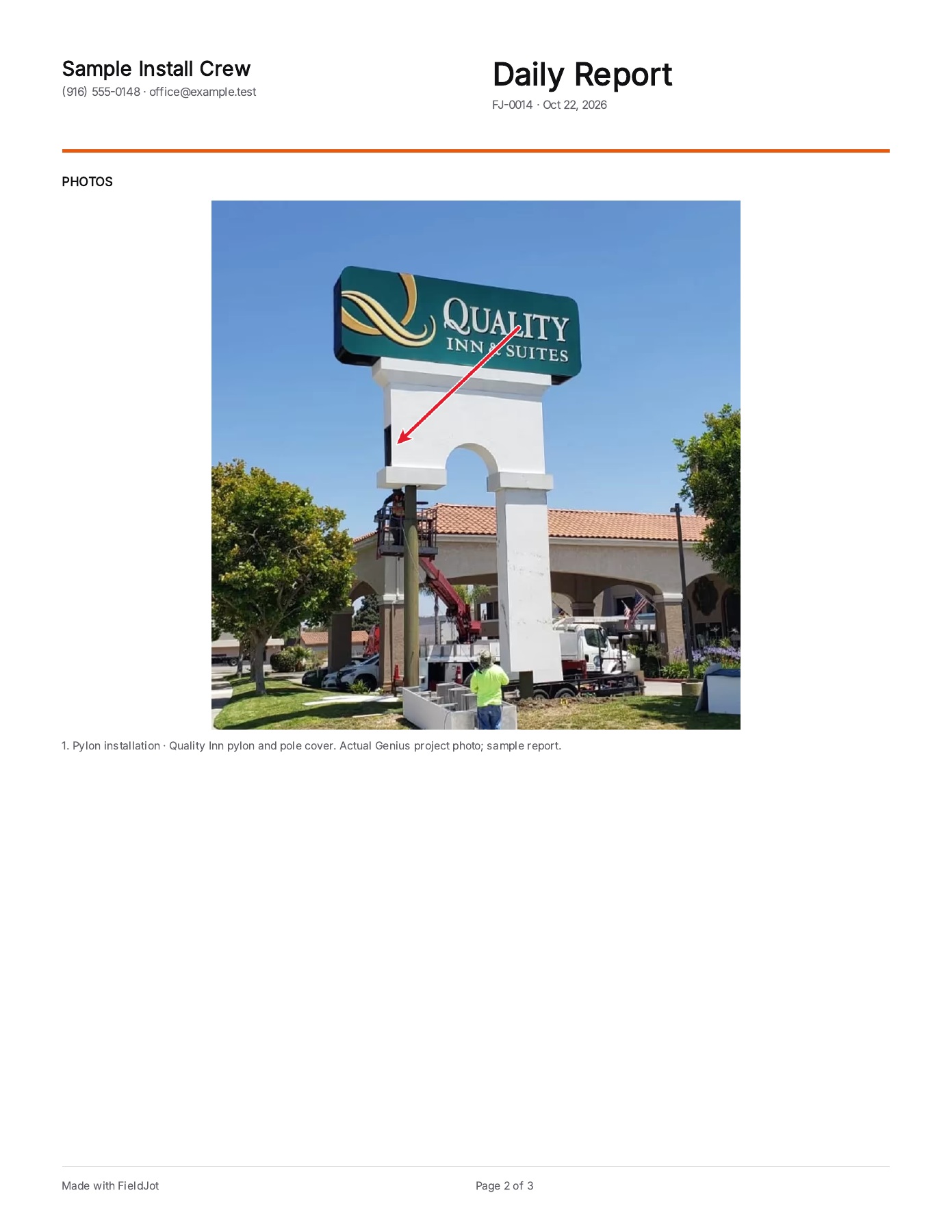 Actual FieldJot PDF page with the Quality Inn installation and arrow markup.