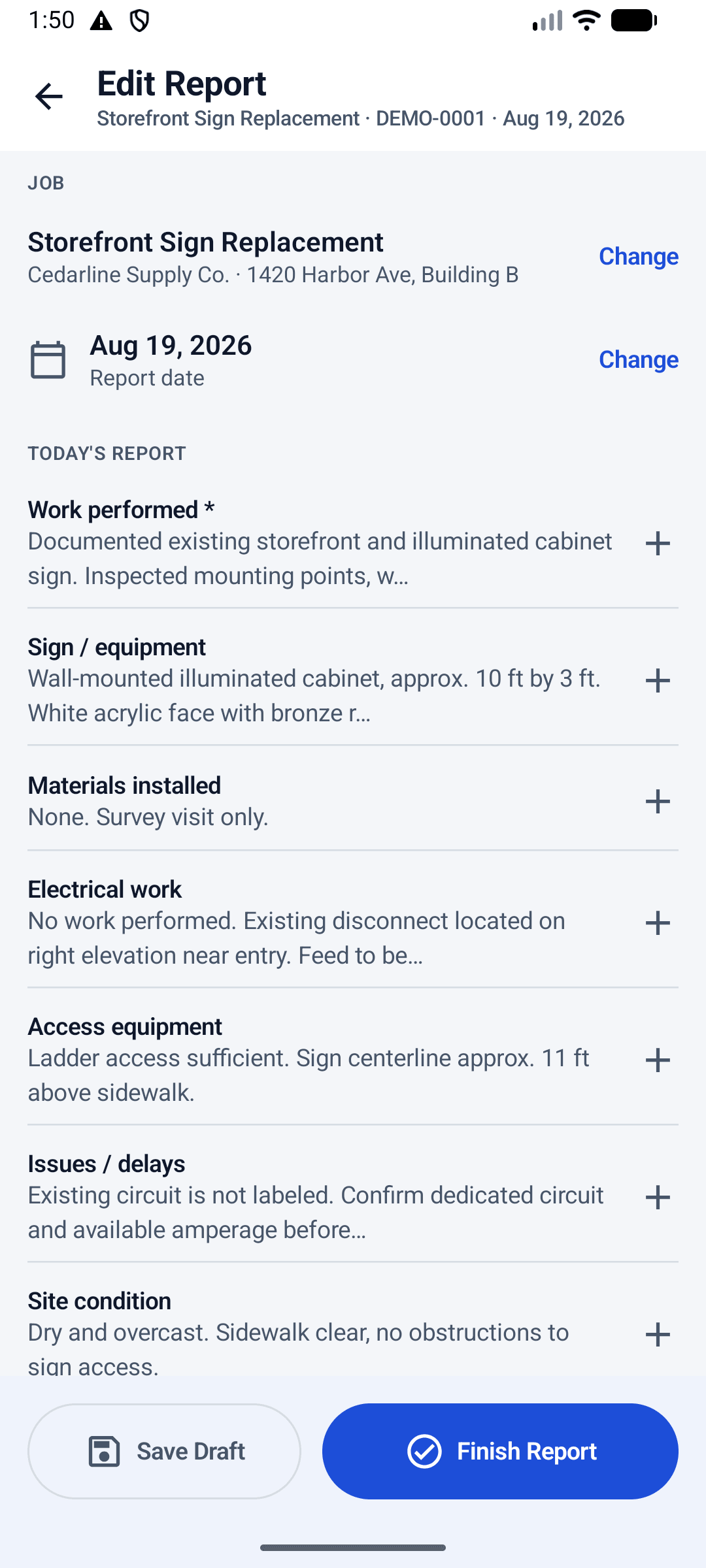 The FieldJot report editor: the job and report date, structured report sections, and Save Draft and Finish Report buttons