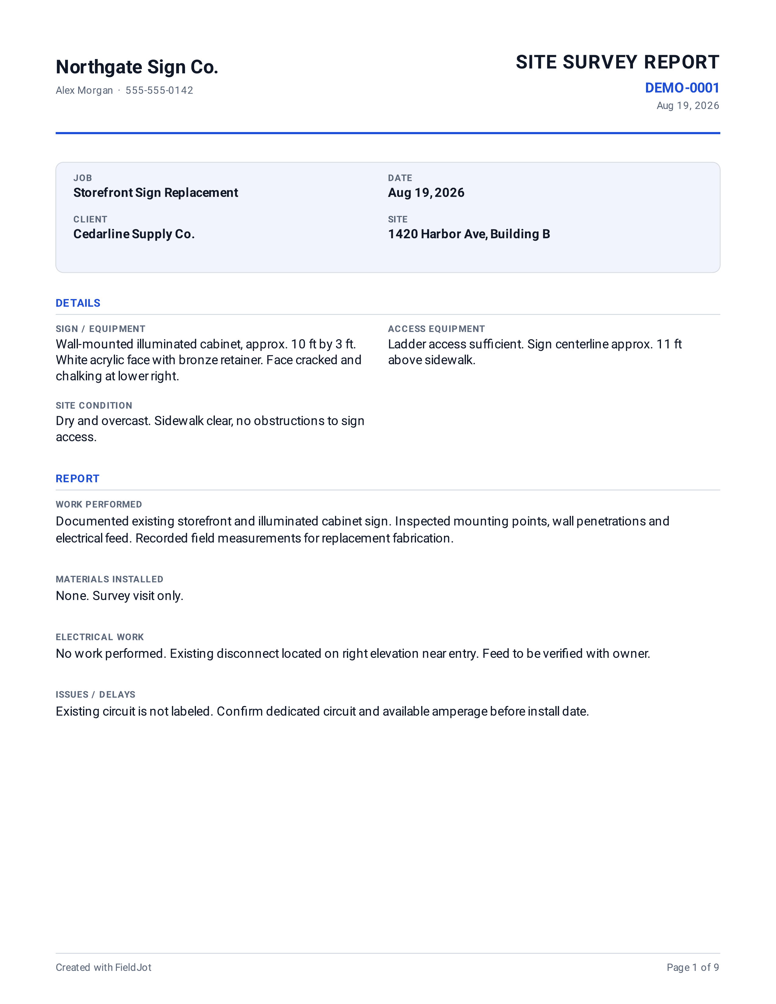 The first page of a real FieldJot PDF export: a site survey report with job, client, date, and site details above the report's sections, footed 'Created with FieldJot'