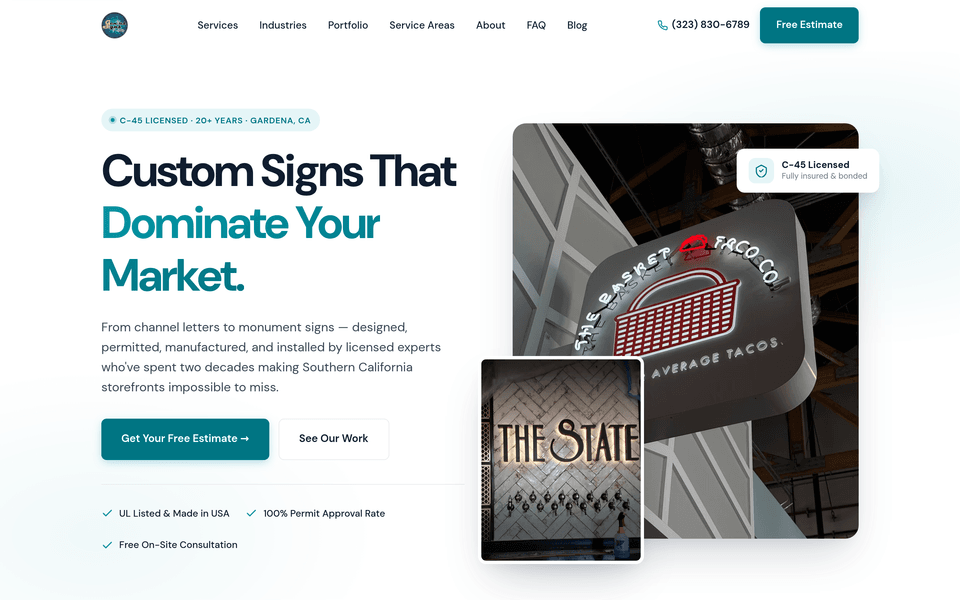 The Genius Signs & Lighting home page: a headline over photographs of two installed signs, a licence and insurance badge, and a Get Your Free Estimate button.