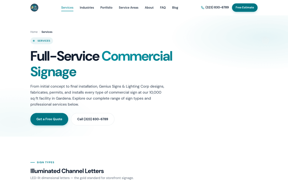 The Genius Signs services index, listing the sign types the company fabricates and installs.