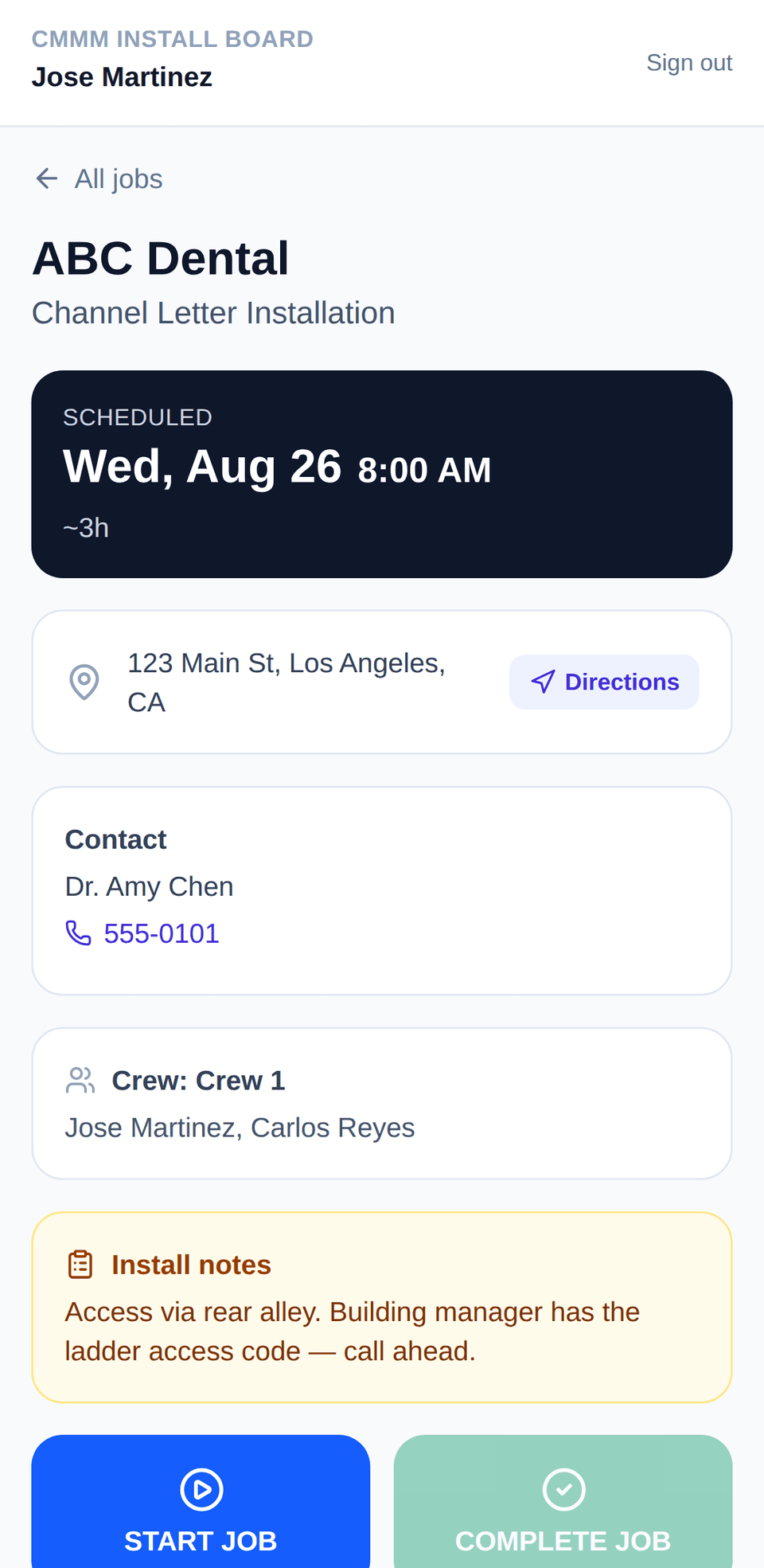 An Install Board job detail on a phone: scheduled date and time, a tap-to-map address, a tap-to-call contact, the assigned crew, install notes, and large Start Job and Complete Job buttons.