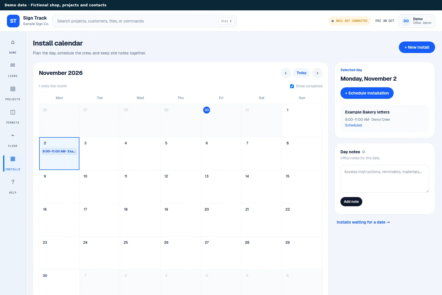 SignTrack installation calendar with a fictional crew assignment. Demo data.